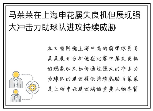 马莱莱在上海申花屡失良机但展现强大冲击力助球队进攻持续威胁